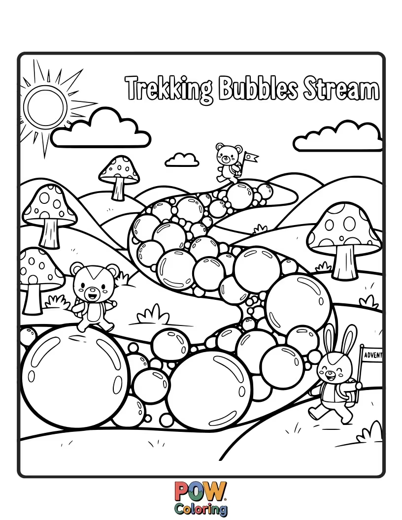 Free coloring page of A playful otter floats down a stream filled with giant, iridescent bubbles, his unique trekking adventure.