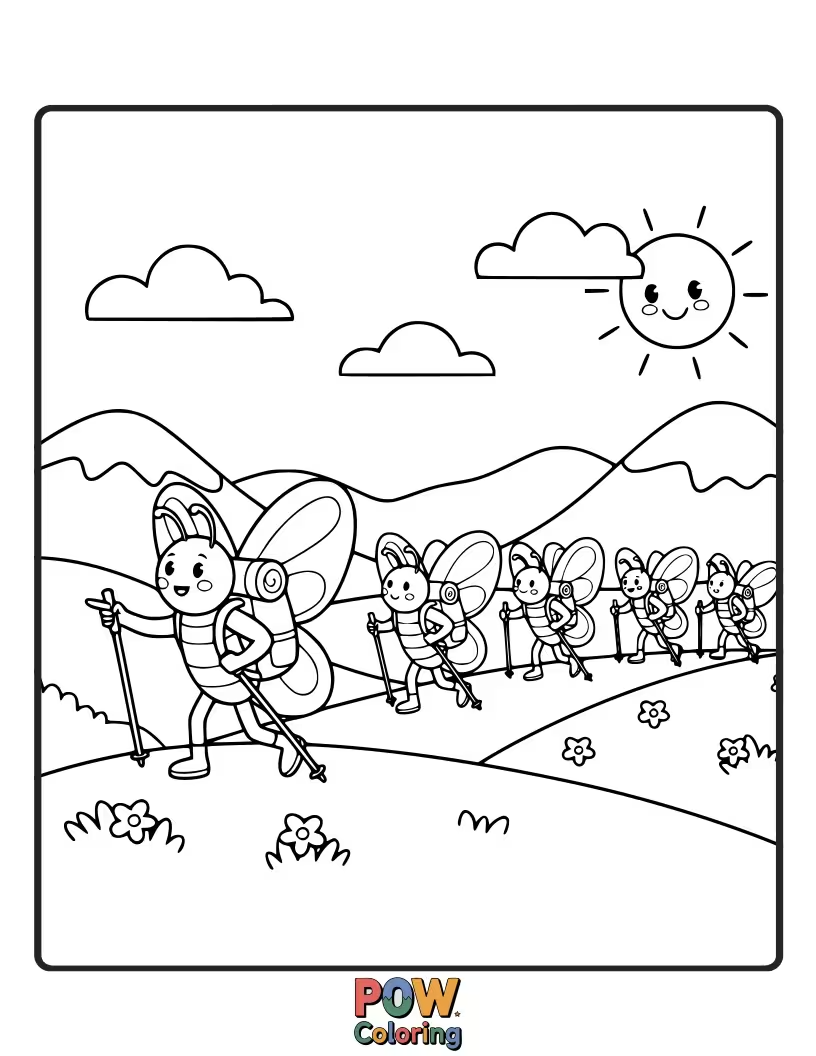 Free coloring page of A tiny ladybug leads a troop of colorful butterflies on a trek through a field of flowers.