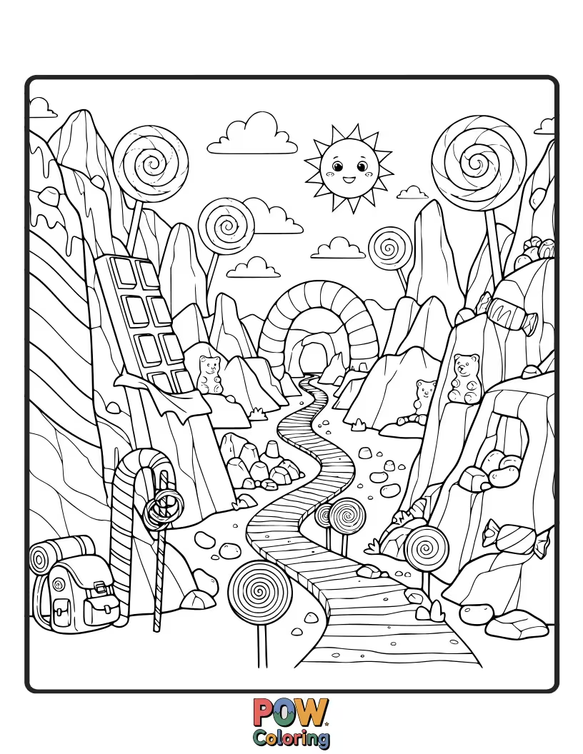 Free coloring page of A whimsical character treks through a canyon made entirely of colorful candy.