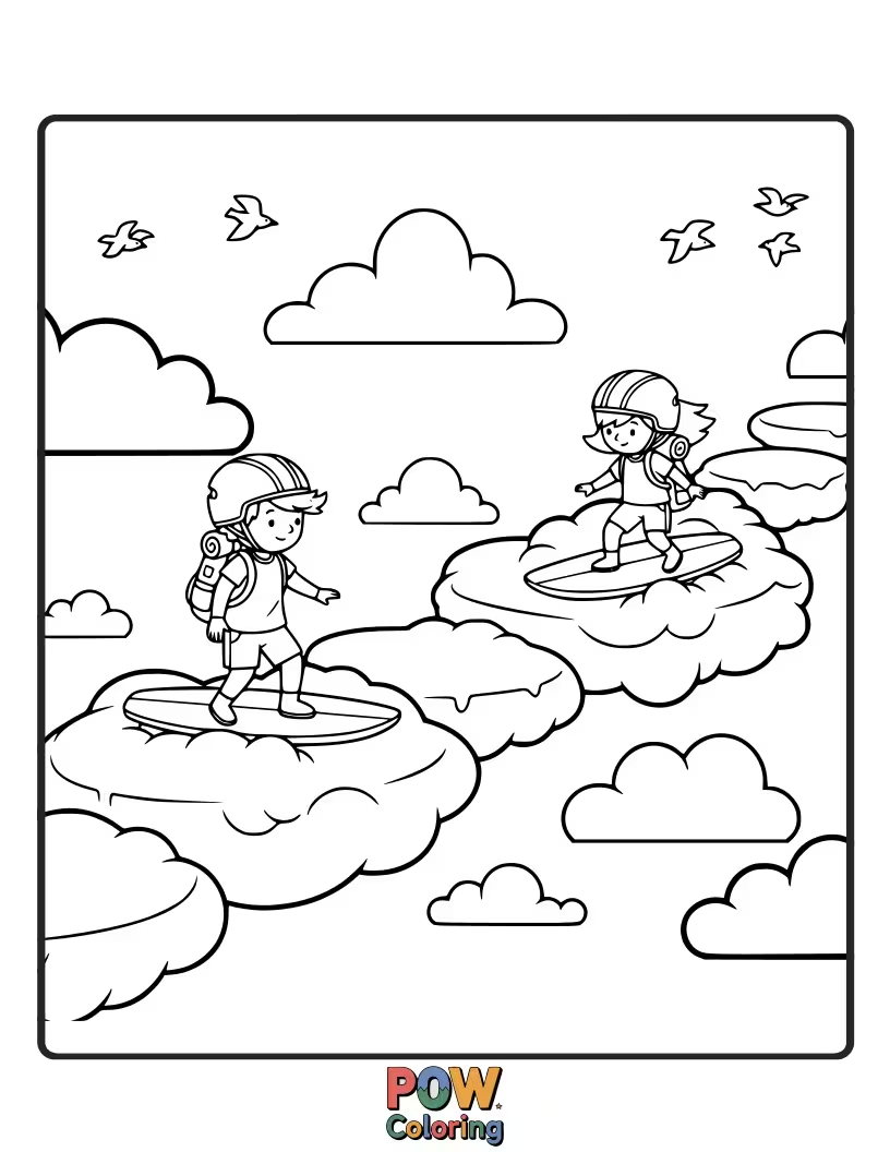 Free coloring page of Whimsical characters ride fluffy clouds like surfboards, trekking through a vibrant sky filled with stars.
