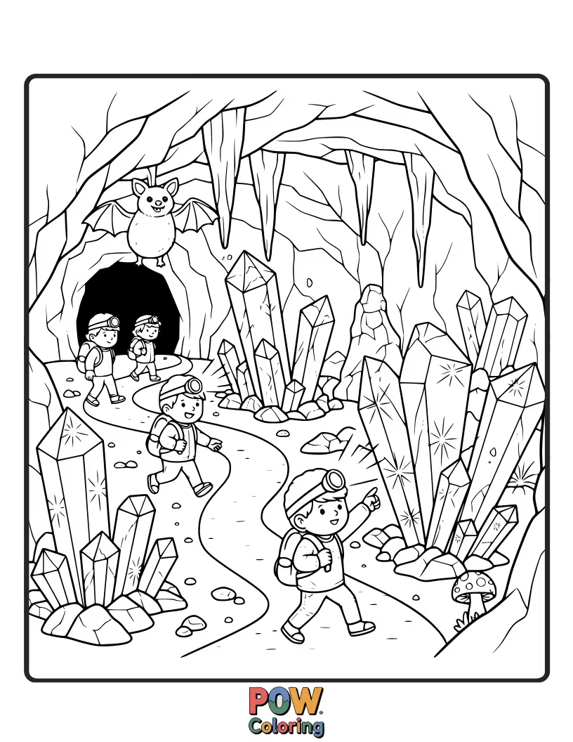 Free coloring page of Explorers venture into a cave sparkling with colorful crystals, their trekking path illuminated by magic lanterns.