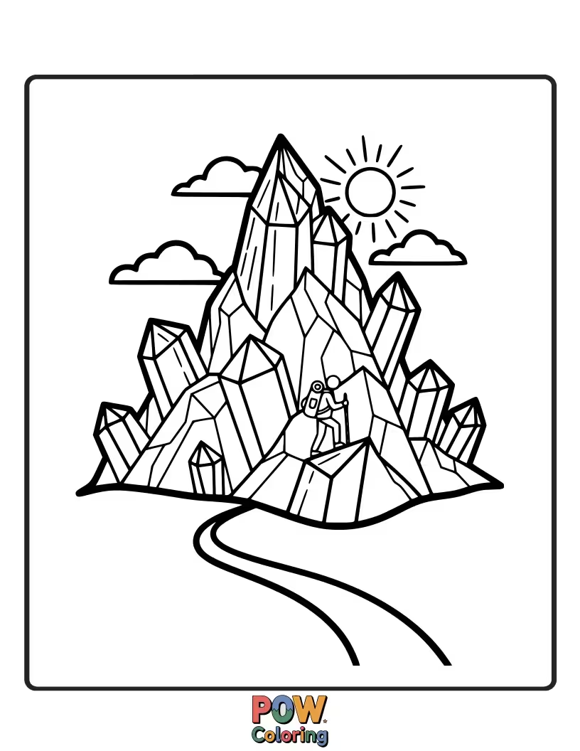 Free coloring page of A climber reaches the summit of a mountain made of shimmering crystals.