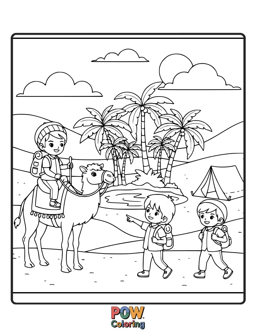 Free coloring page of A camel caravan treks across a vast desert, finding a beautiful, life-giving oasis.