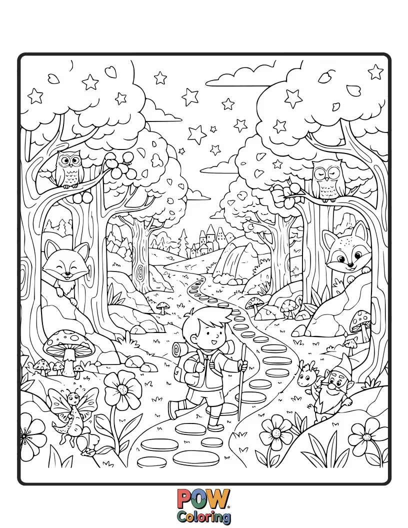 Free coloring page of A fairy with shimmering wings treks through a magical forest filled with glowing flora and fauna.