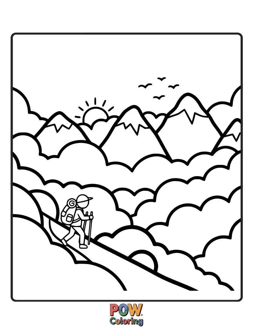 Free coloring page of Mysterious figures emerge from a swirling, beautiful fog as they trek up majestic, misty mountains.