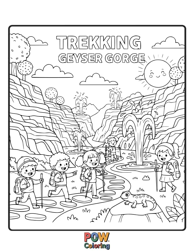 Free coloring page of Adventurers carefully trek through a gorge with powerful, steaming geysers erupting around them.