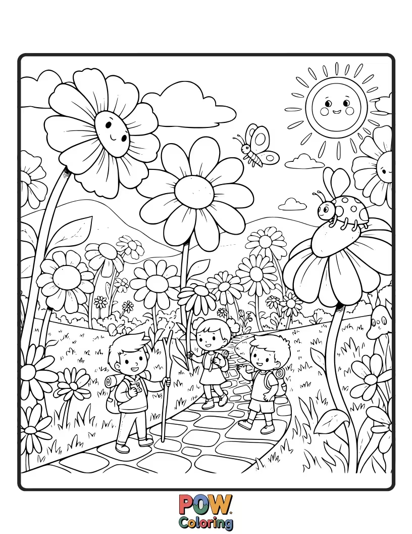 Free coloring page of A tiny bee treks along a path made of enormous, colorful flowers, buzzing with excitement.