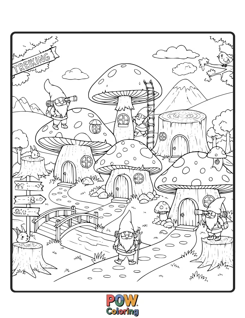 Free coloring page of A group of trekking gnomes arrives at their cozy, mushroom-shaped village after a long journey.