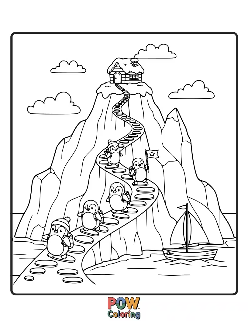 Free coloring page of Penguins and seals embark on a chilly trek across a massive, floating iceberg island.