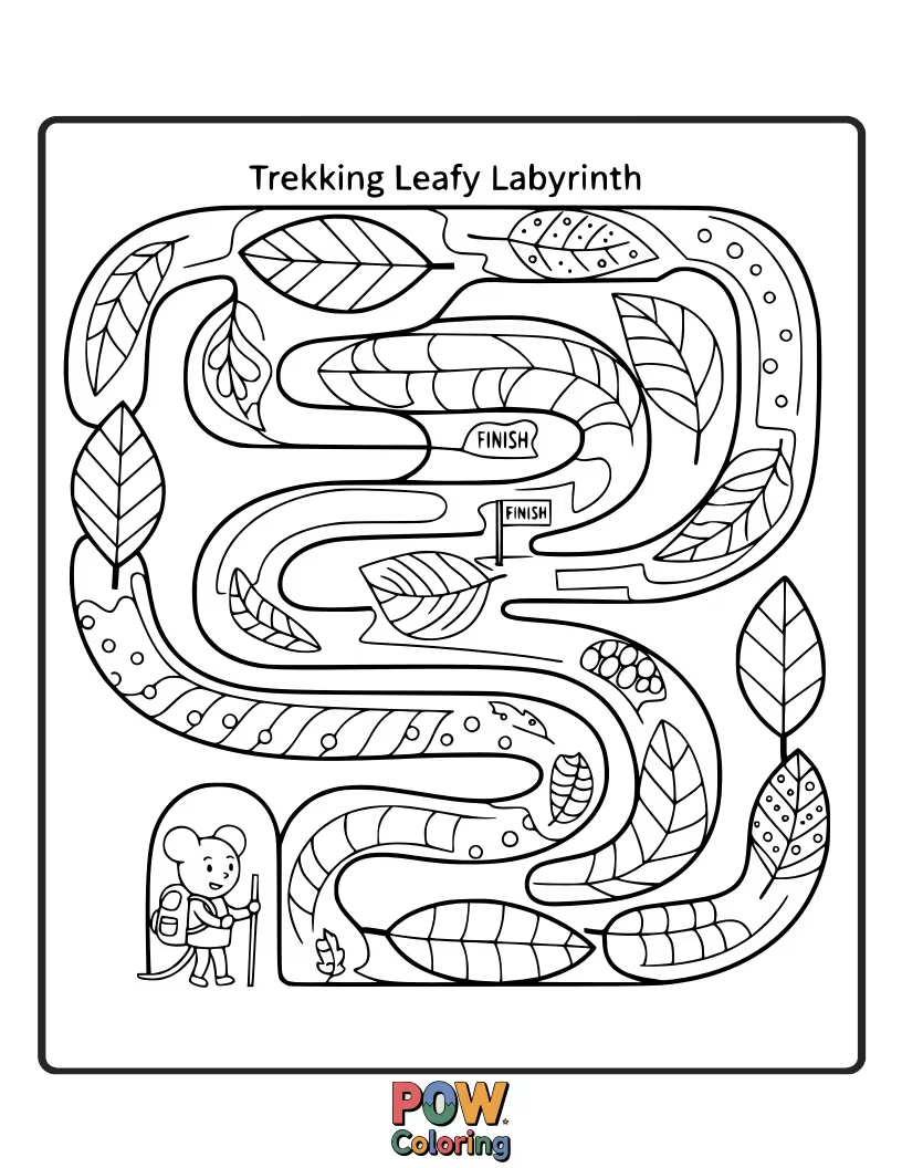 Free coloring page of Tiny gnomes navigate a maze of oversized autumn leaves, their trekking adventure a colorful delight.
