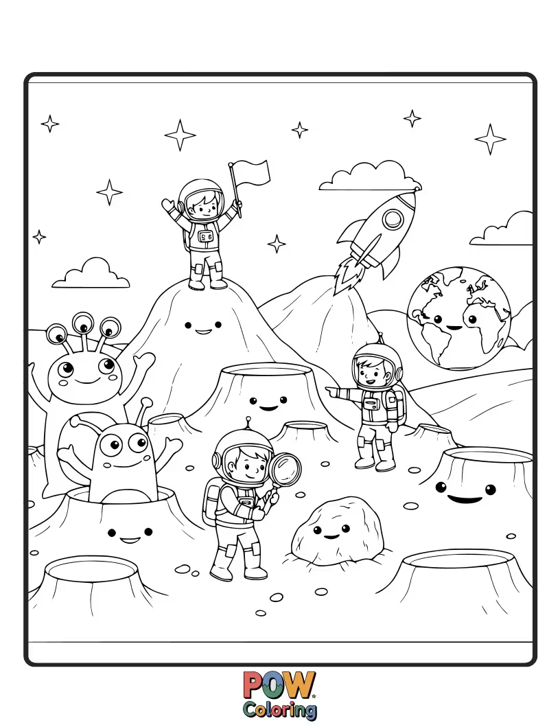 Free coloring page of Cute aliens with antennae trek across a surreal, cratered moon surface, stars twinkling above.