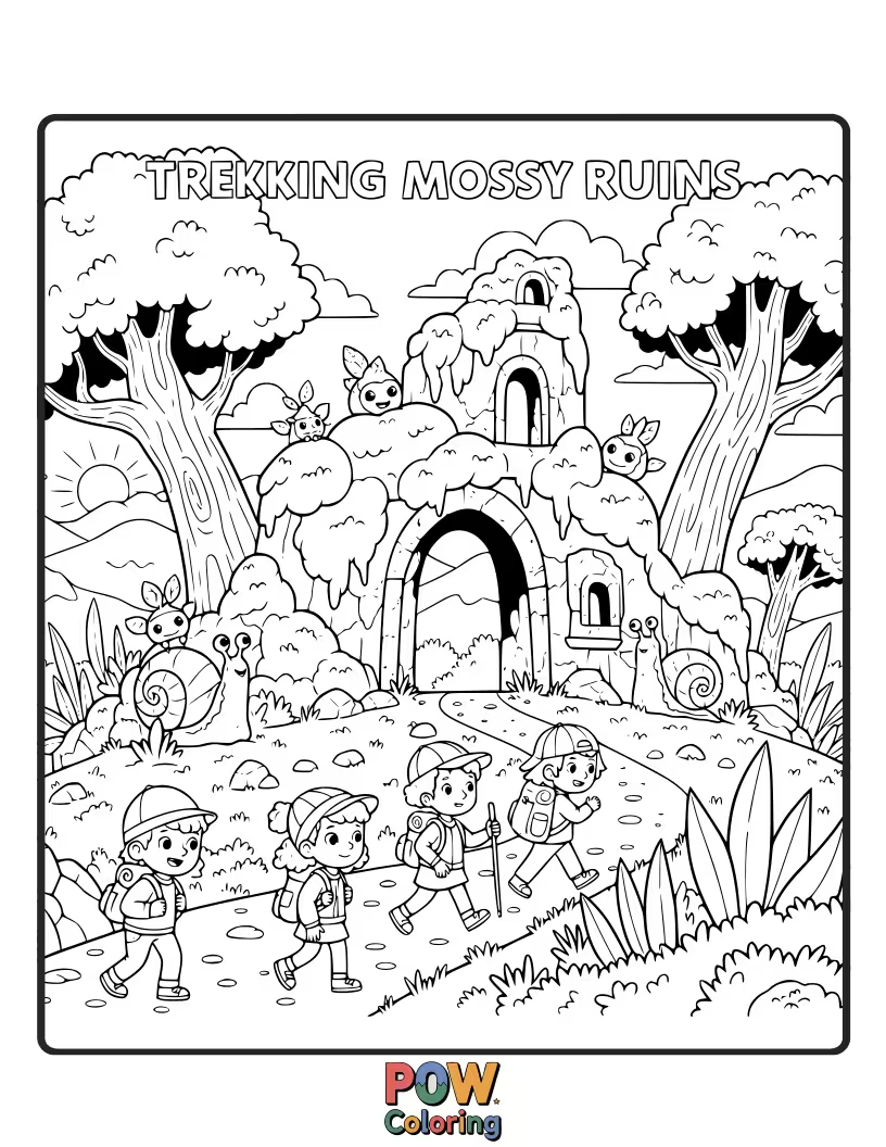 Free coloring page of An explorer discovers ancient, moss-covered ruins on a trek, hinting at a forgotten, beautiful civilization.
