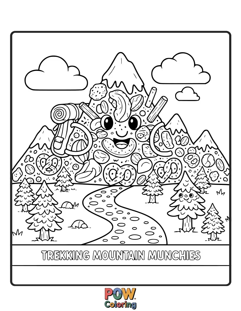 Free coloring page of A funny badger packs a comical assortment of snacks for his mountain trek, including a tiny sandwich.