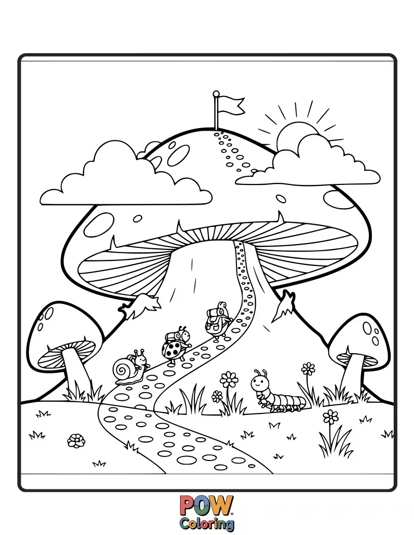 Free coloring page of A little gnome climbs a giant mushroom, treating it like a mountain for his trek.