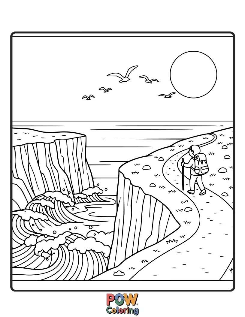 Free coloring page of A brave puffin navigates treacherous, beautiful ocean cliffs, its trekking journey challenging but rewarding.