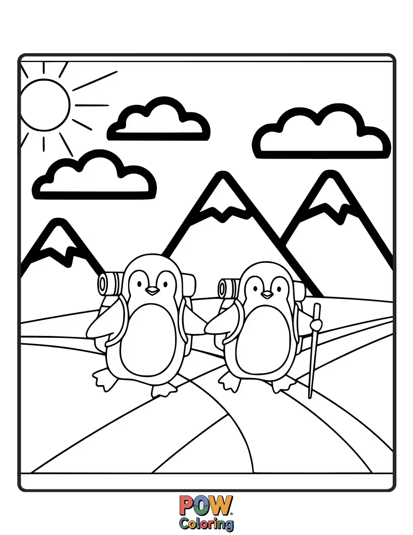 Free coloring page of A dapper penguin leads a waddle of friends on a snowy mountain trek, tiny backpacks and all.