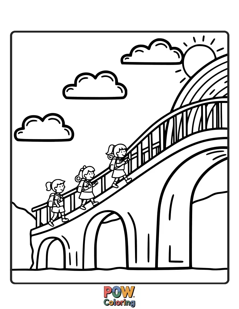 Free coloring page of A group of happy animals crosses a shimmering rainbow bridge, their trekking journey leading to a pot of gold.