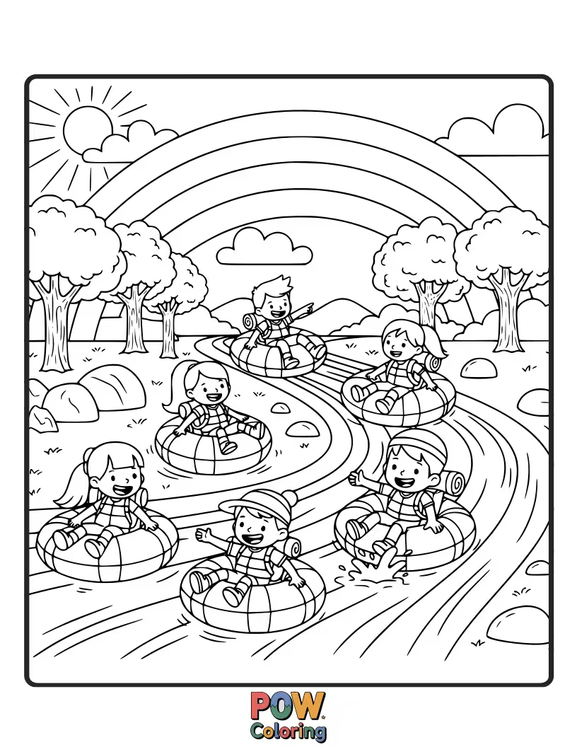 Free coloring page of Instead of walking, characters enjoy a funny, creative trek by riding down a river of flowing rainbows.