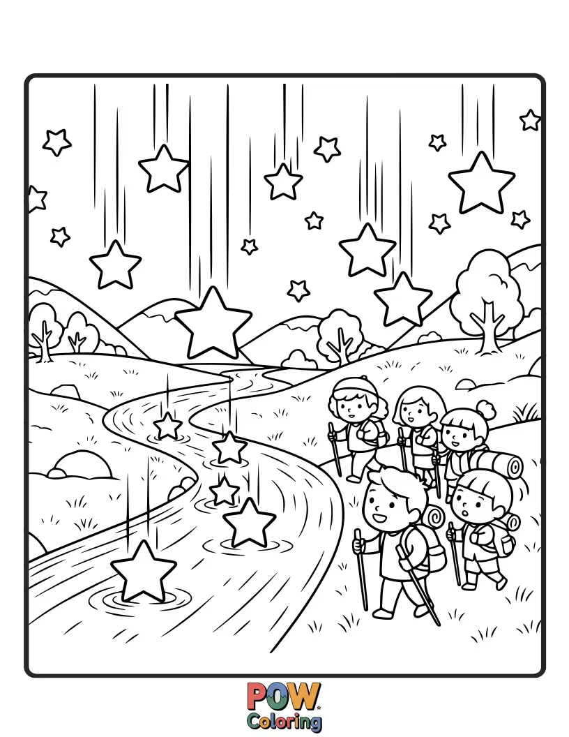 Free coloring page of Shooting stars fall like glittering water into a stream, and a lone figure treks alongside it.