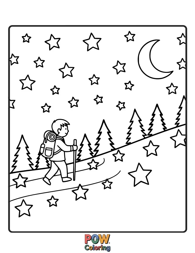 Free coloring page of A lone traveler follows a glowing path of stars through a serene, moonlit forest.