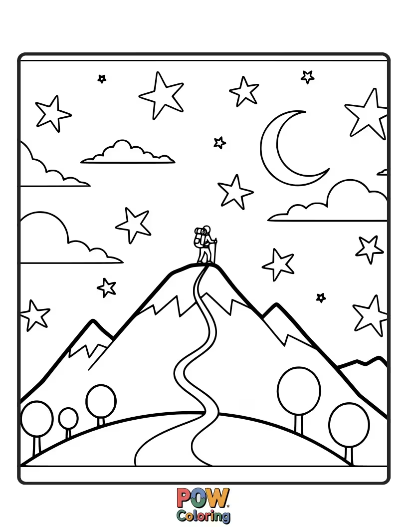 Free coloring page of A brave astronaut plants a flag on a mountaintop under a sky bursting with constellations.