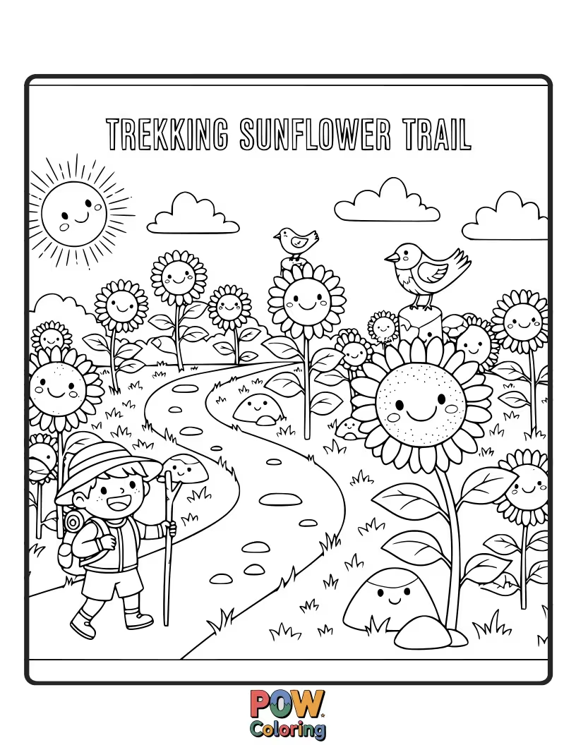 Free coloring page of A cheerful sun character treks along a path lined with giant, smiling sunflowers.