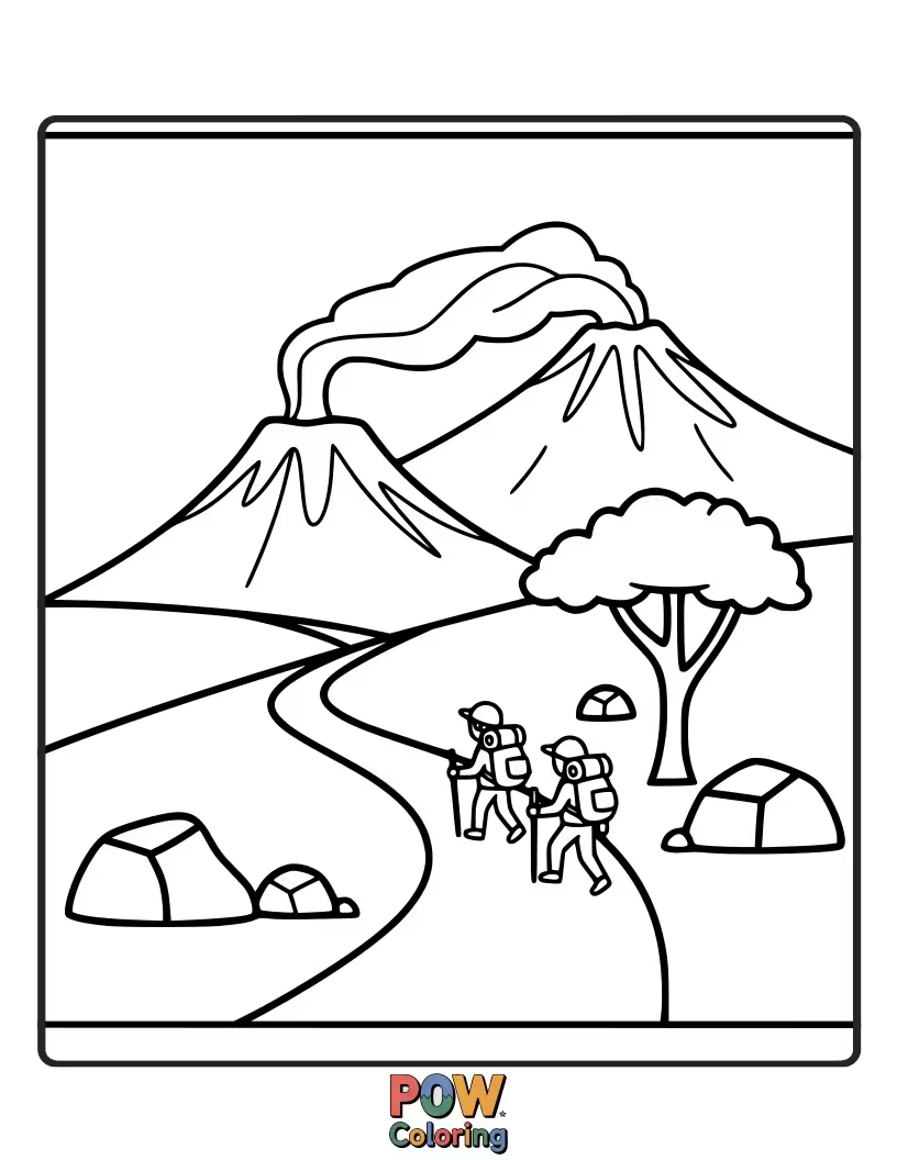 Free coloring page of A determined hiker reaches a scenic viewpoint overlooking a majestic, snow-capped volcano.