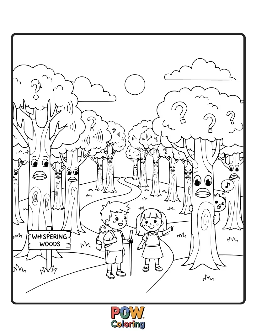 Free coloring page of A wise old owl guides a lost hiker through a forest where trees seem to whisper secrets.