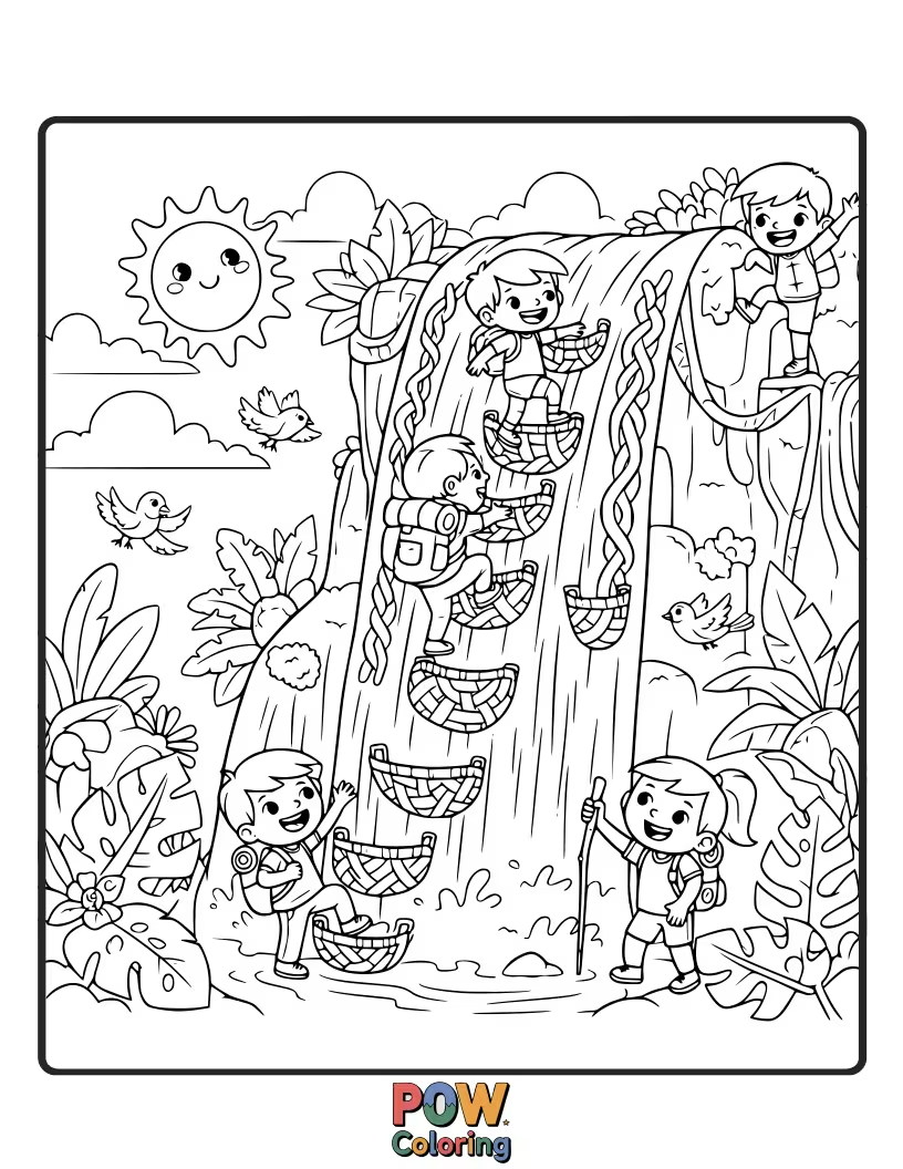 Free coloring page of A unique scene where a waterfall appears to be woven from colorful threads, with travelers trekking nearby.