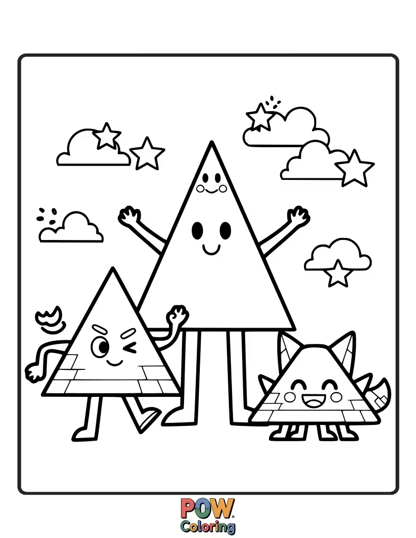 Free coloring page of Three distinct triangles—equilateral, isosceles, and scalene—await vibrant colors, teaching basic triangle types.