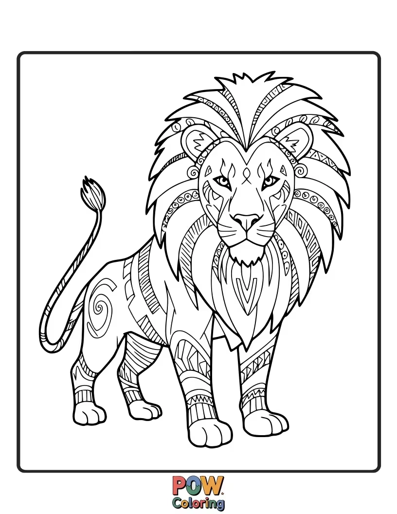 Free coloring page of A stylized lion adorned with tribal patterns, offering a unique artistic challenge.