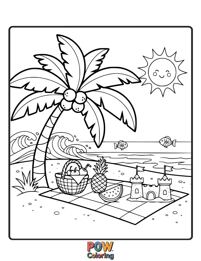 Free coloring page of A charming scene of a basket overflowing with colorful fruits, laid out on a sandy beach with palm trees overhead.