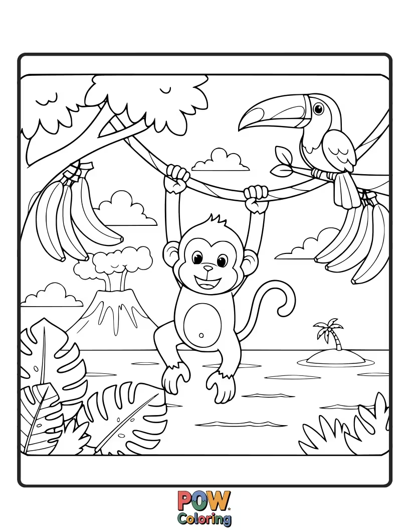 Free coloring page of A cheerful monkey relaxes on a vibrant, exotic flower, surrounded by lush leaves and sunshine. Pure tropical bliss awaits coloring.
