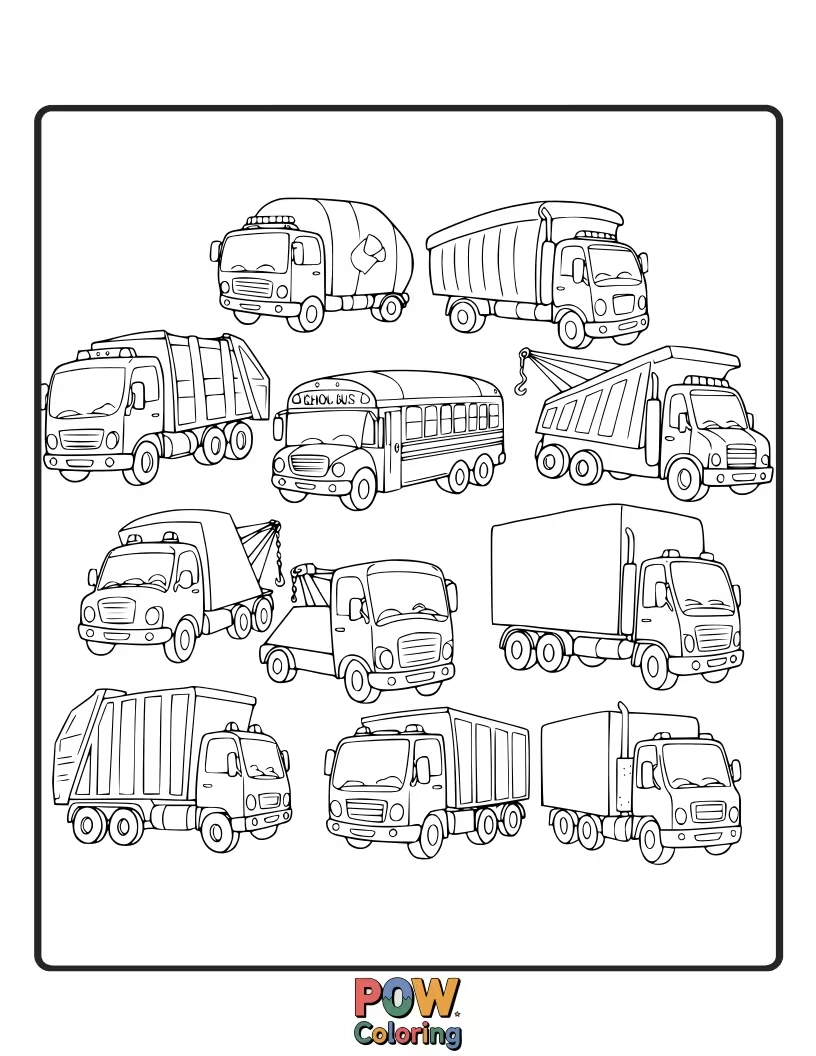 Free coloring page of A collection of different trucks, from a fire engine to a dump truck, offering a diverse coloring experience.