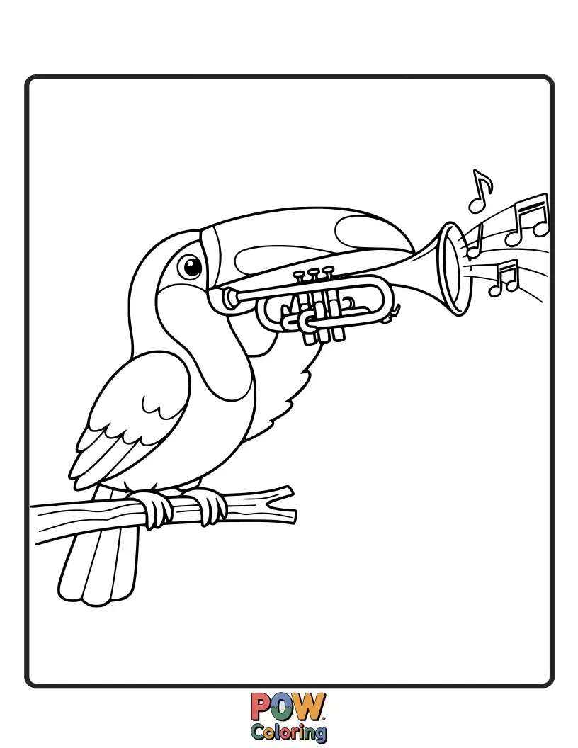 Free coloring page of A vibrantly colored toucan proudly tooting a shiny trumpet. Tropical, cheerful, and wonderfully loud.