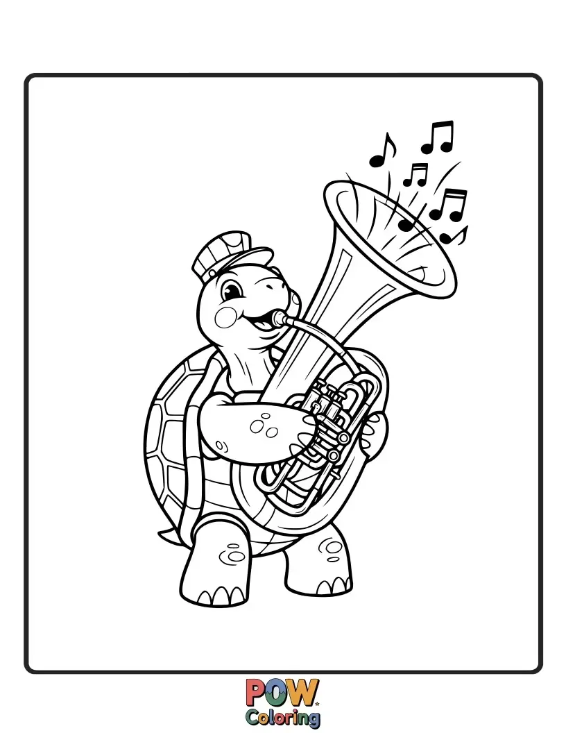 Free coloring page of A slow but steady turtle proudly carrying and playing a giant tuba. Humorous, unique, and surprisingly musical.