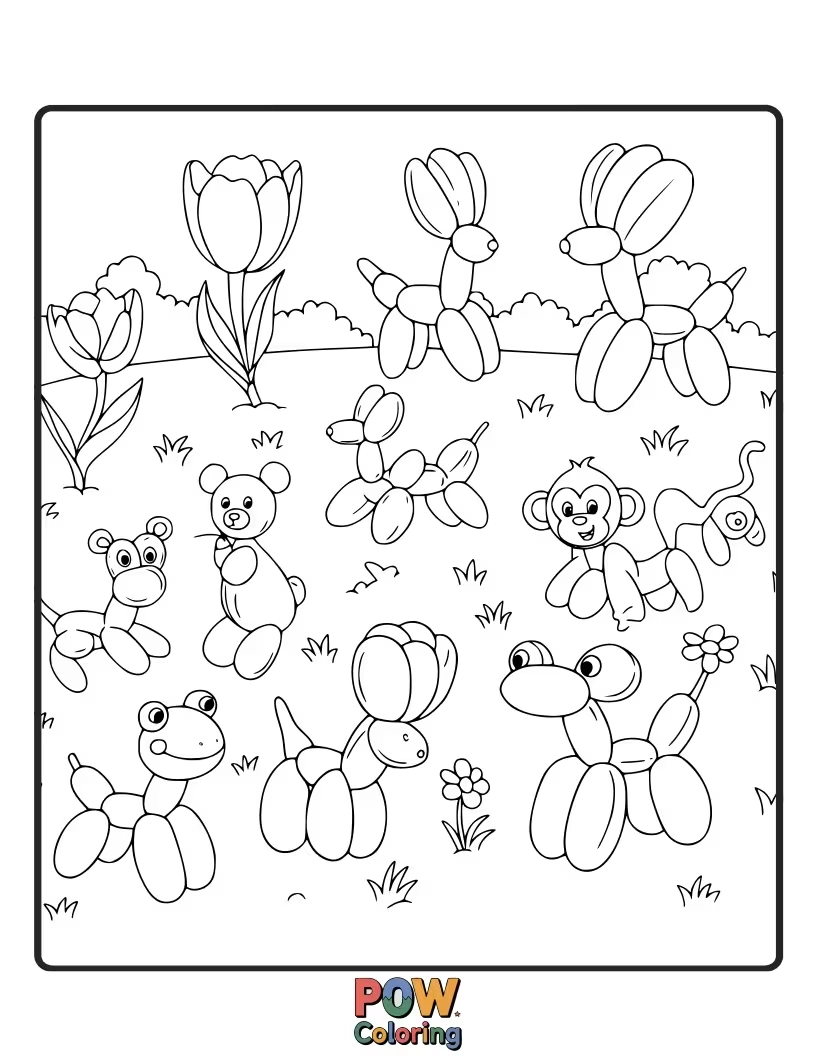 Free coloring page of Fun balloon animals shaped like tulips. A playful and whimsical design for imaginative coloring adventures.