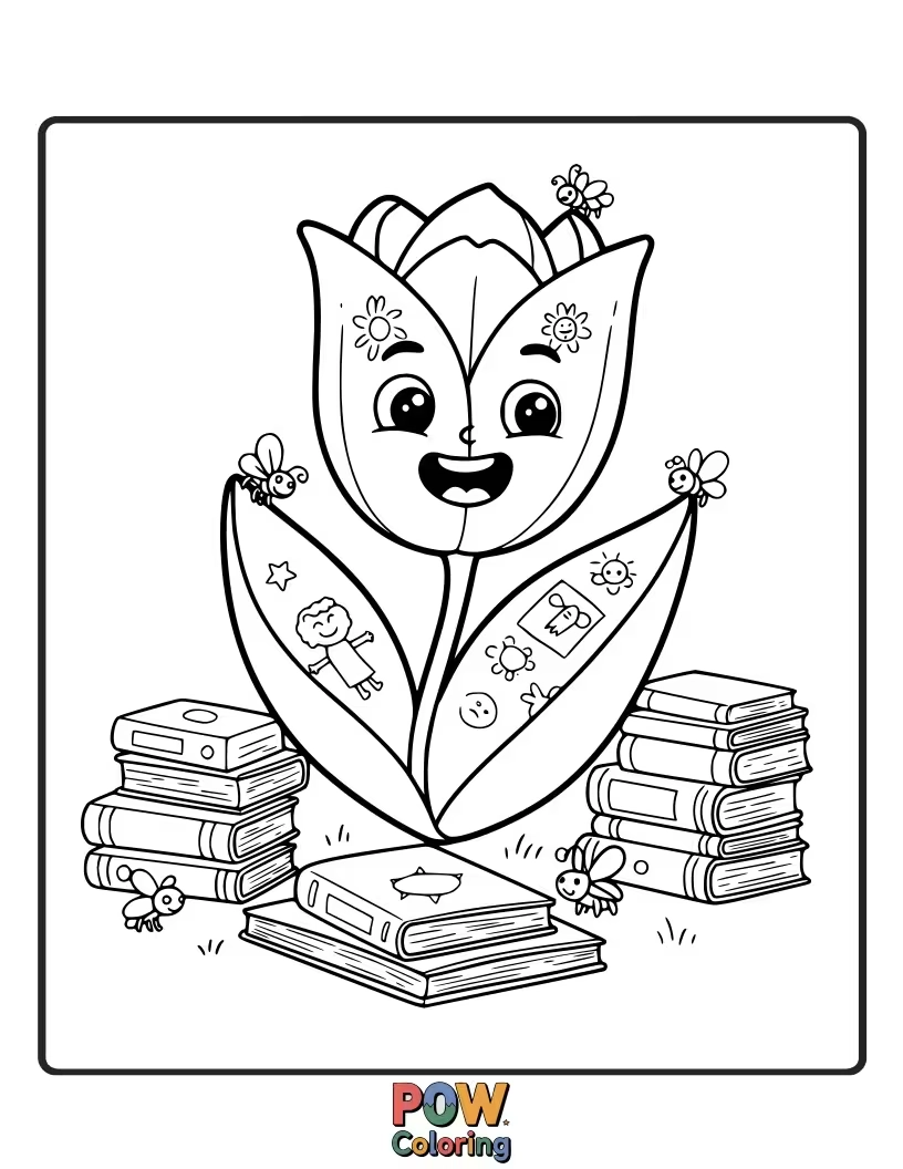 Free coloring page of A cute tulip character engrossed in reading a book. Encourages a love for reading and imaginative play.