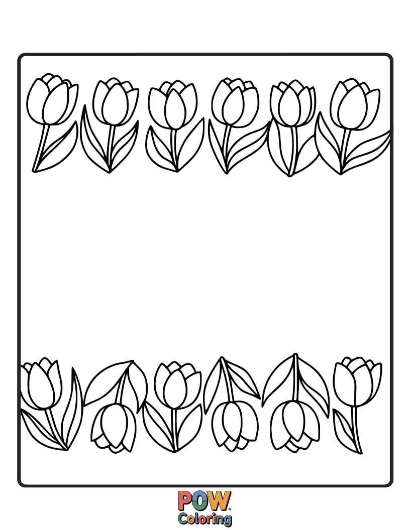 Free coloring page of A repeating pattern of charming tulips forming an decorative border. Ideal for framing artwork or practicing intricate coloring.