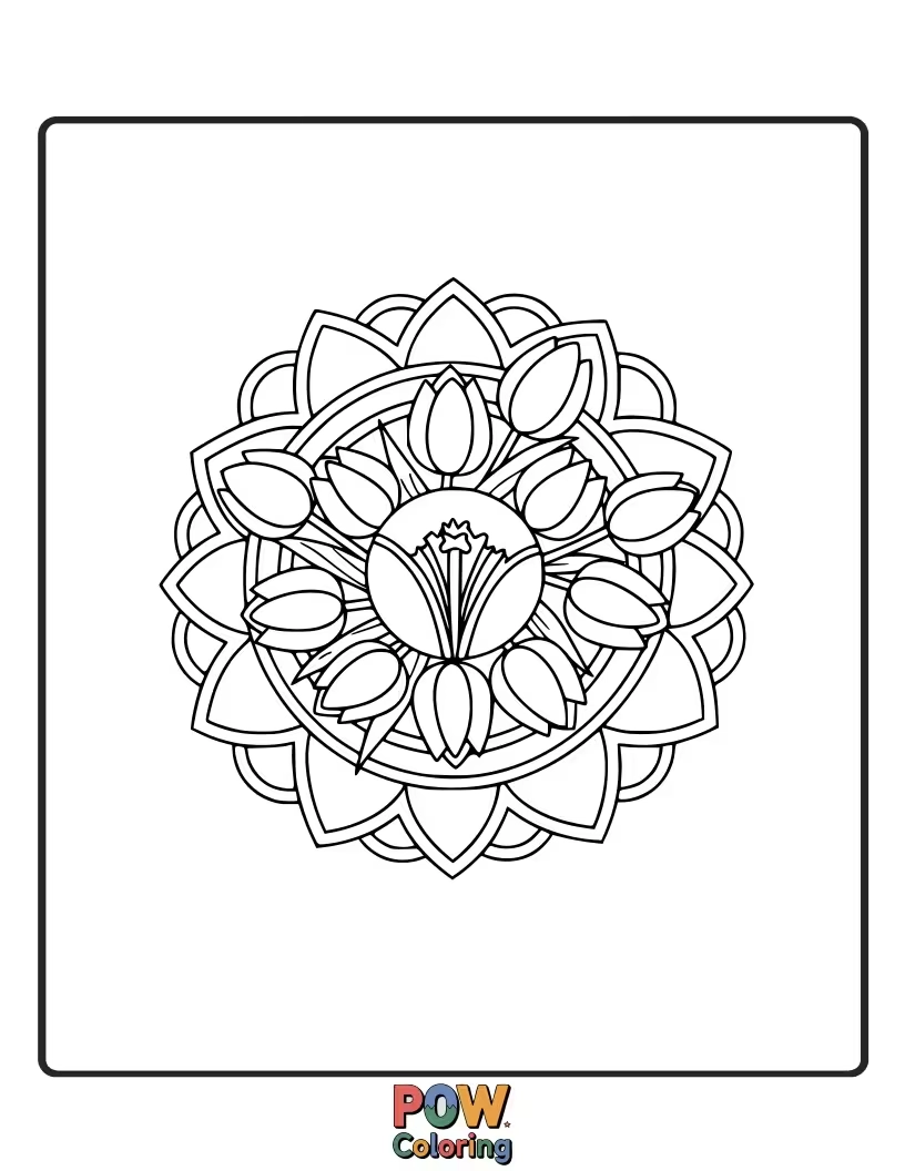 Free coloring page of A circular mandala design featuring intricate tulip patterns. Offers a calming and meditative coloring experience.