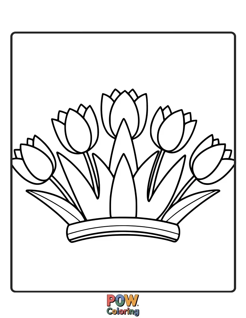 Free coloring page of A beautiful crown made of delicate tulips. Children can design their own royal headwear with vibrant colors.