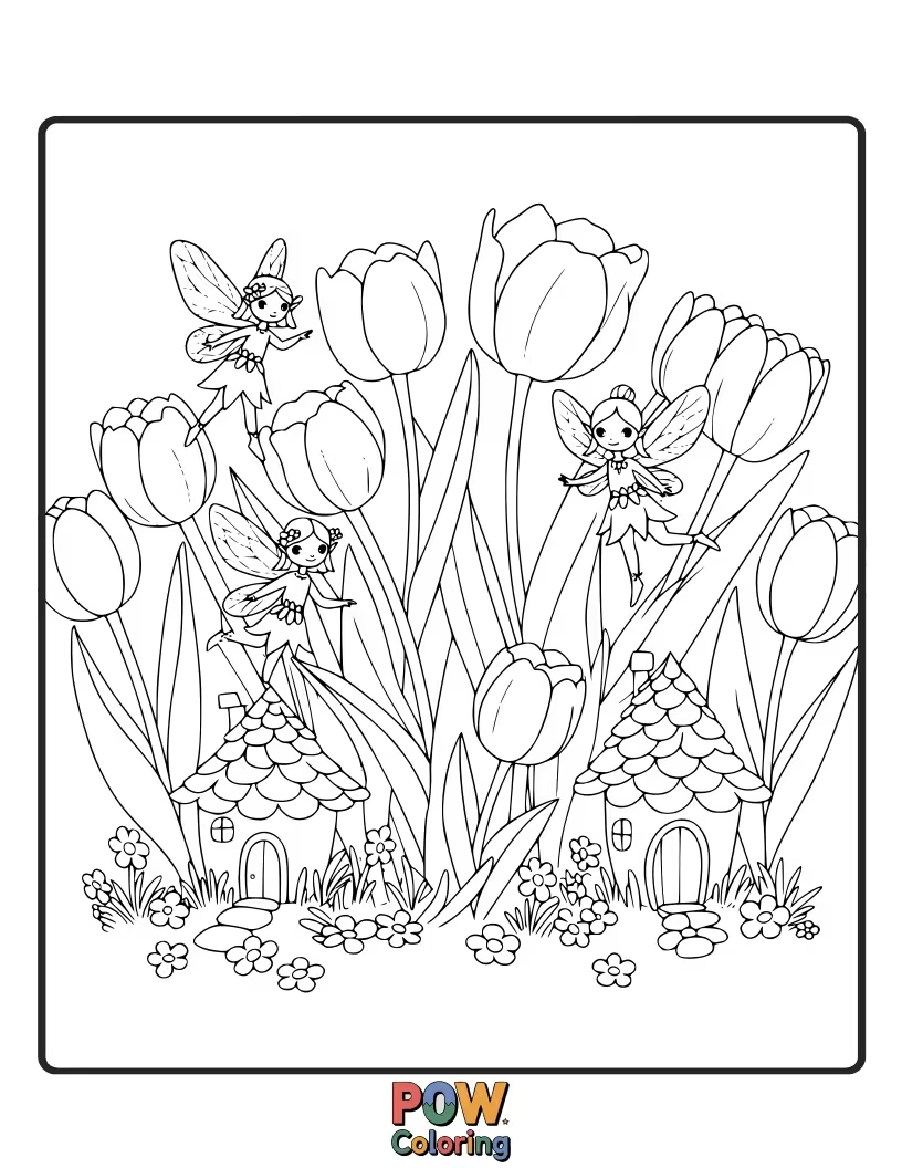 Free coloring page of A magical garden filled with tiny fairies playing amongst blooming tulips. Spark imagination and enchanting colors.