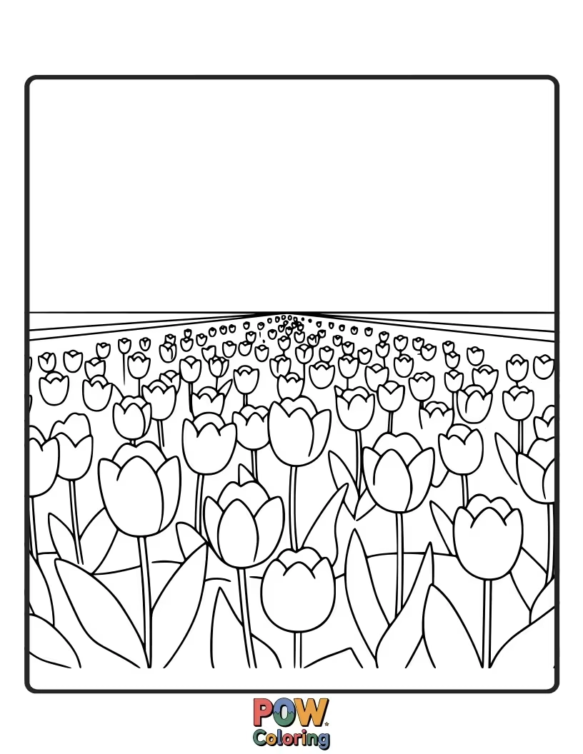 Free coloring page of A breathtaking view of rolling hills covered in a vast carpet of colorful tulips. Explore landscape coloring techniques.