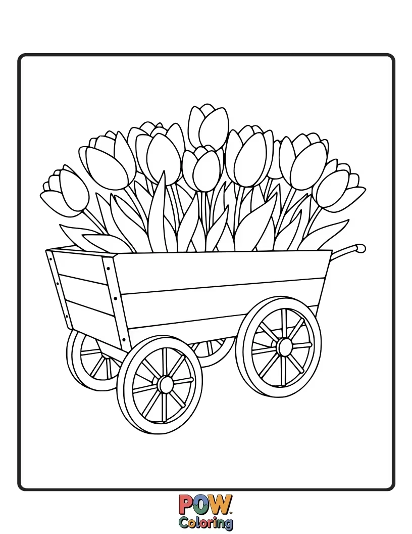Free coloring page of A quaint flower cart overflowing with vibrant tulips, ready to be sold. A sweet and charming market scene.