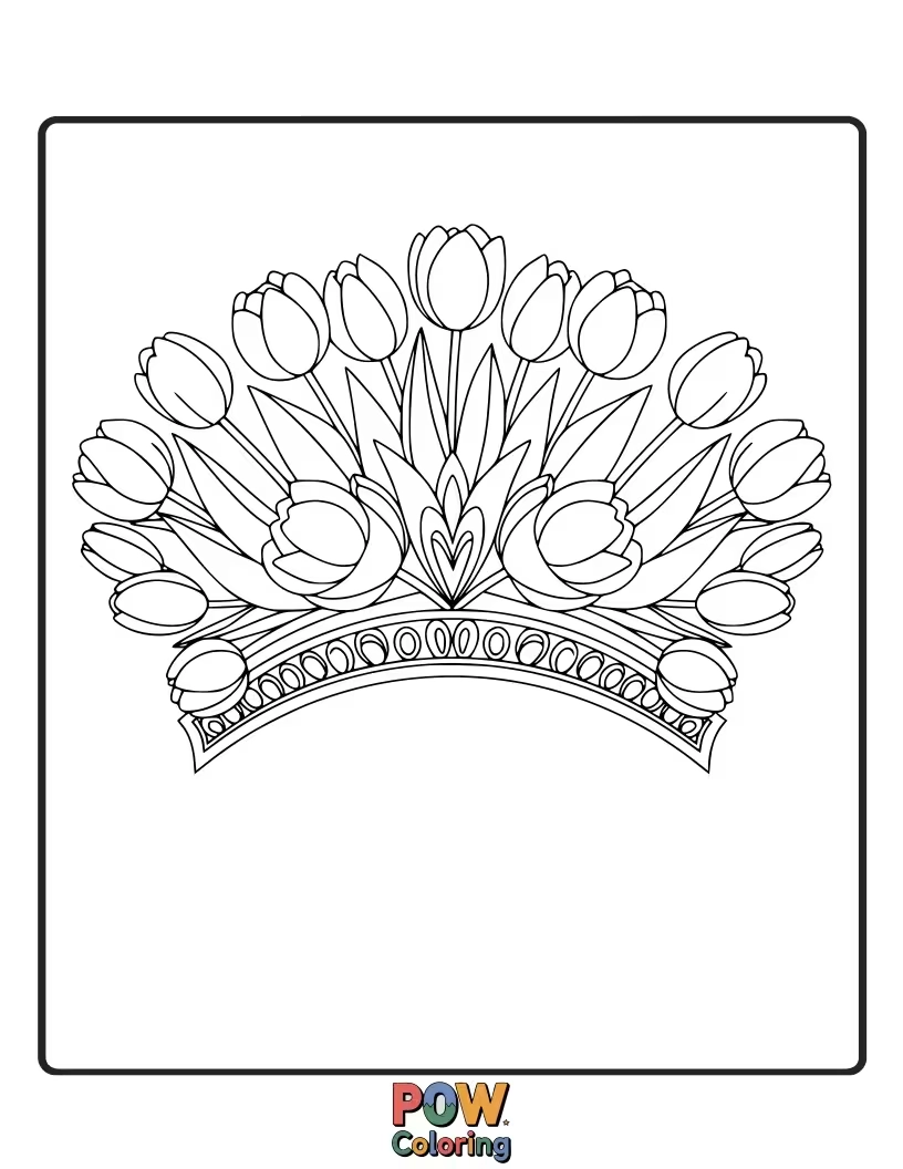 Free coloring page of An intricate mandala featuring elaborate tulip flower crowns. Perfect for developing focus and detailed coloring.