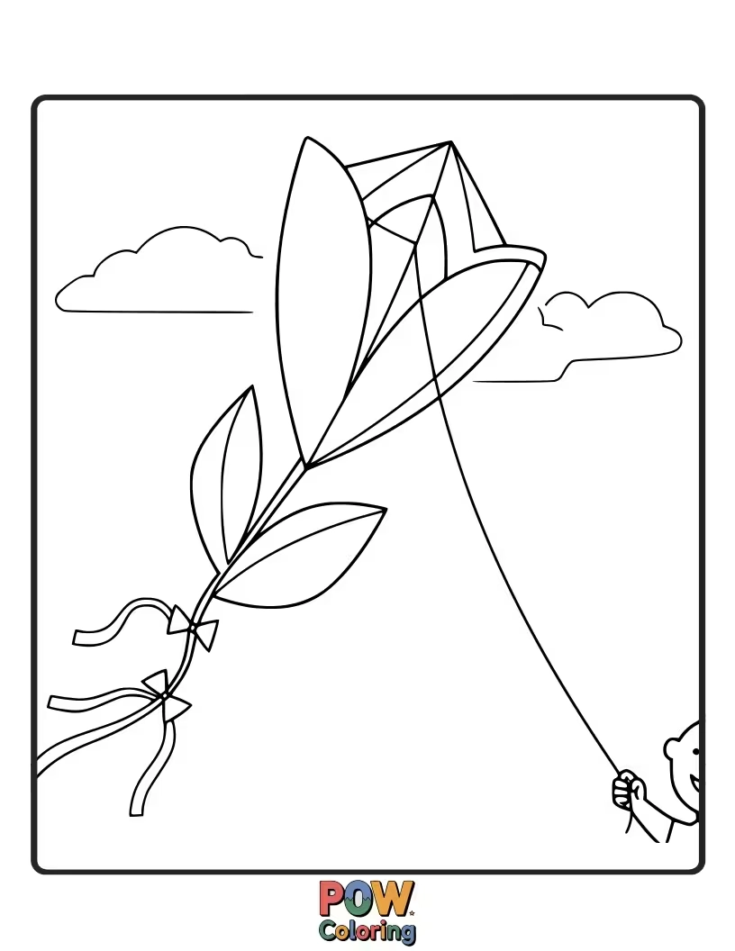 Free coloring page of A cheerful tulip-shaped kite soaring through the sky. A fun design for practicing outdoor scenes.