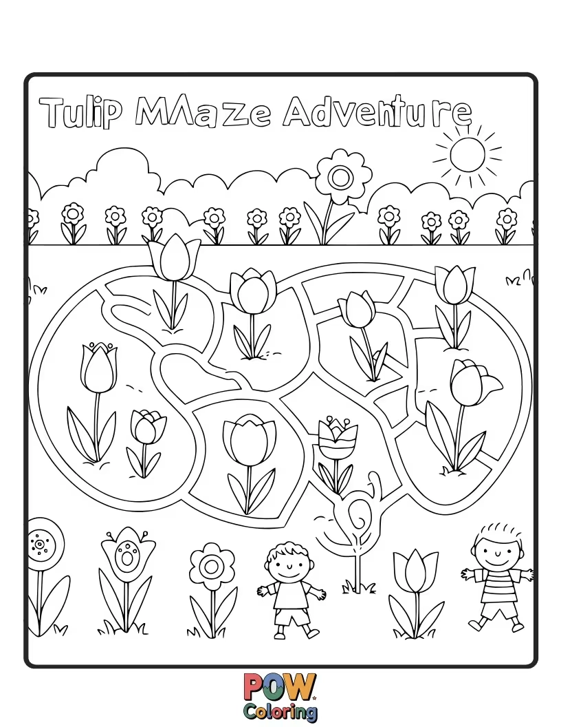 Free coloring page of A fun tulip-shaped maze with a clear path to the center. Challenge little ones to find their way through.