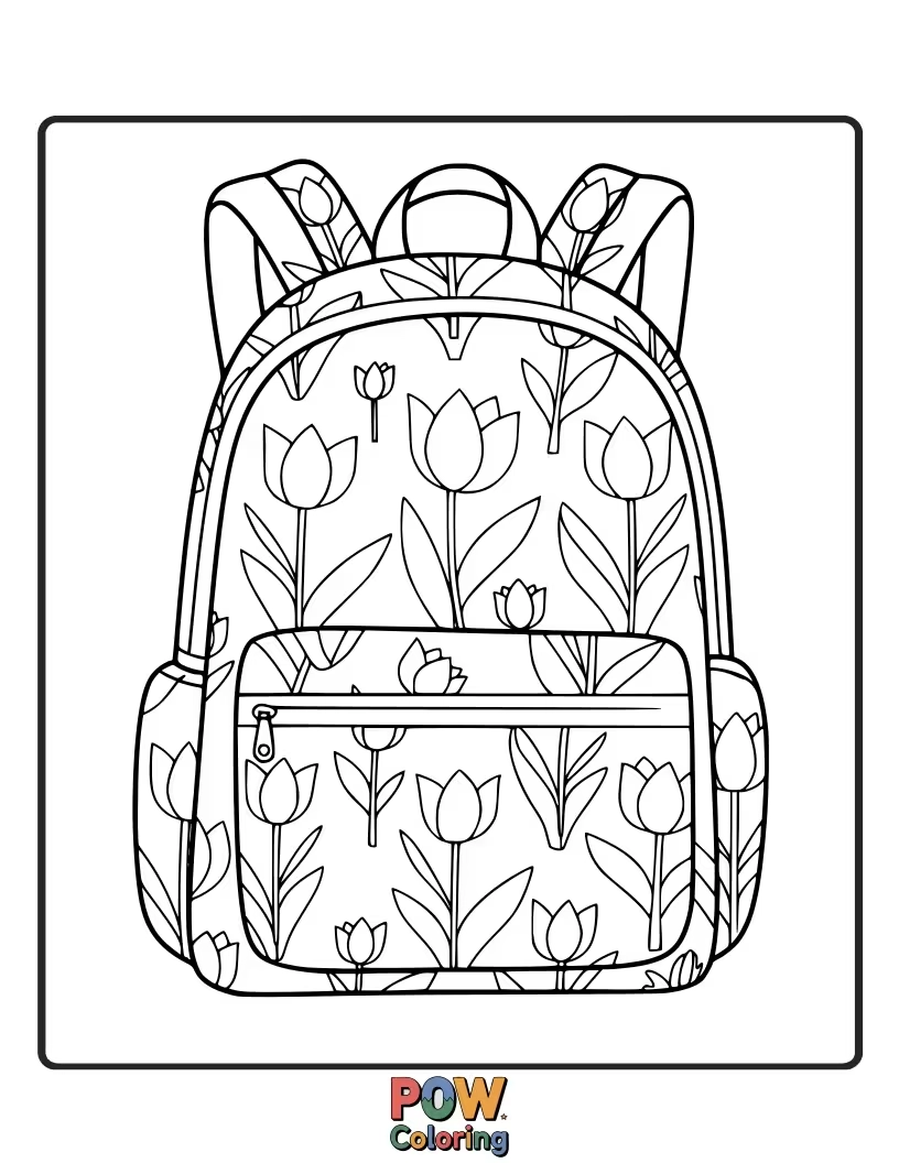 Free coloring page of A simple backpack decorated with a repeating tulip pattern. Kids can design their own stylish accessory.