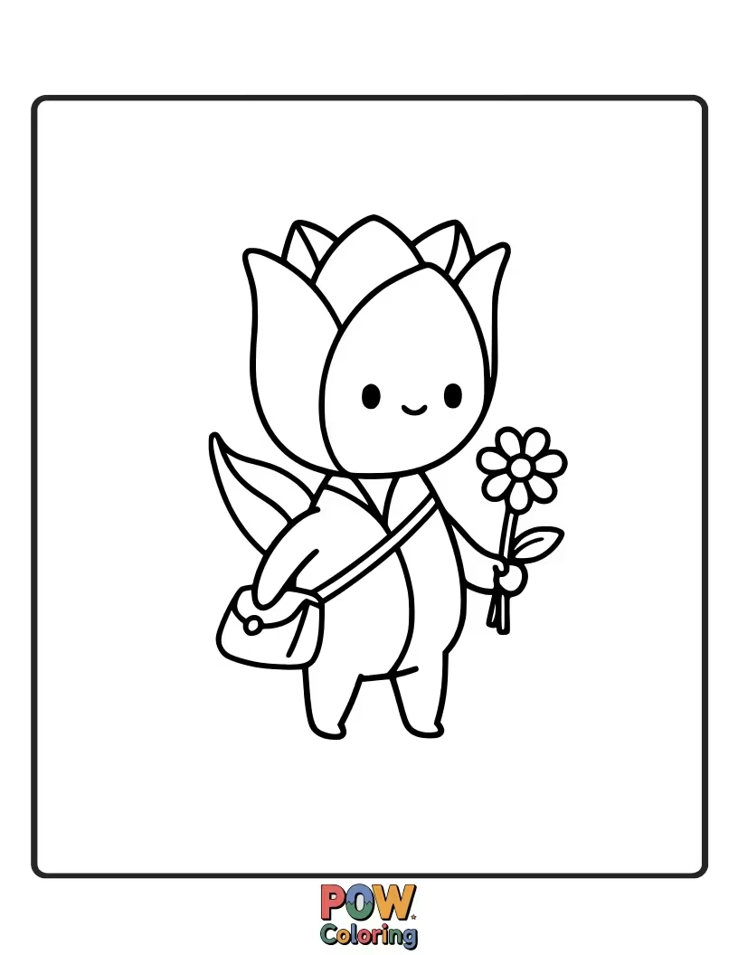 Free coloring page of A cute tulip peeking out from a pocket. A sweet and simple character design for easy coloring.