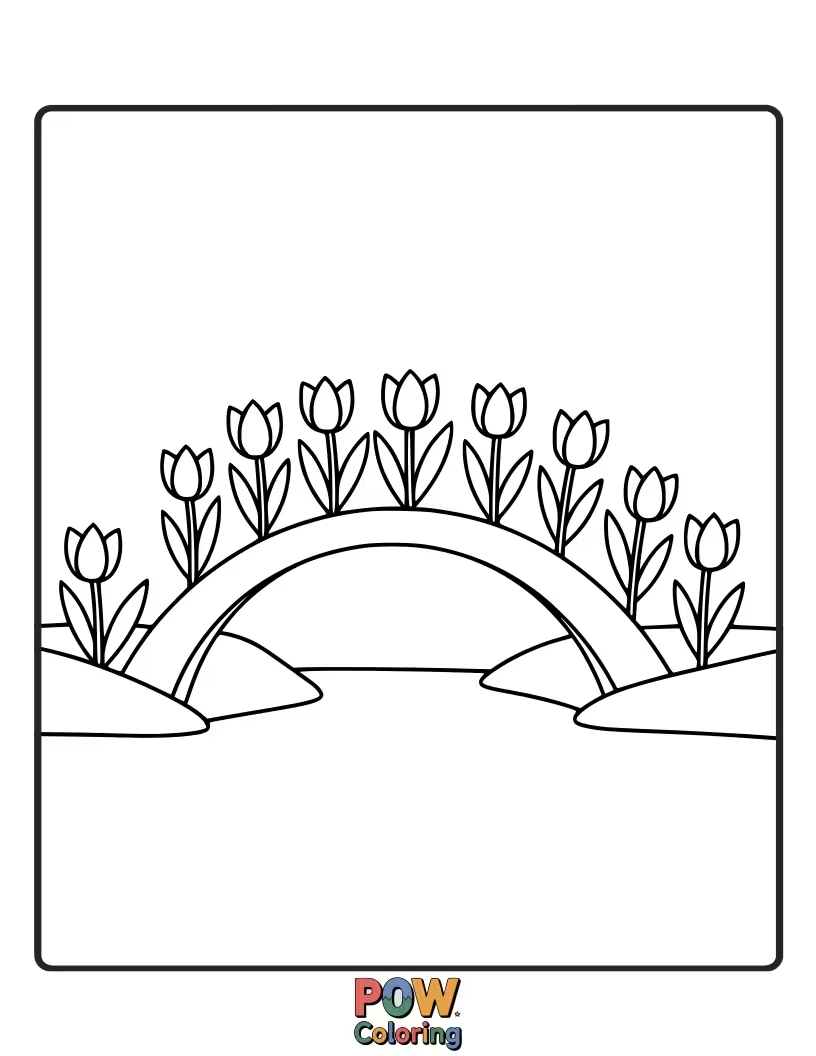 Free coloring page of Tulips growing along the sides of a magical rainbow bridge. A whimsical and colorful fantasy landscape.